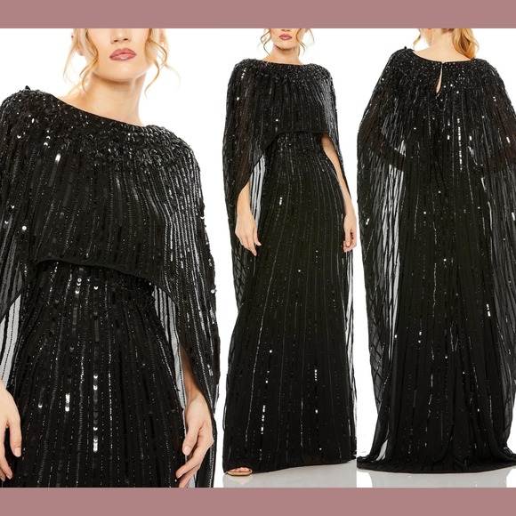NWT $798‎ Mac Duggal [ 8 ] 93869 Beaded Embellished Column Cape Gown Black - Picture 4 of 6